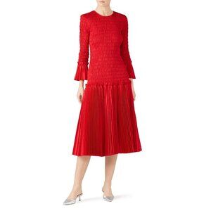 Khaite Mariella Red Pleated Smocked Elastic Midi Dress Women's Size Medium M